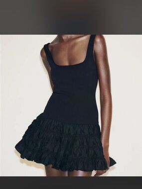 ZARA- Black mini dress with ruffle skirt- Size: S-l